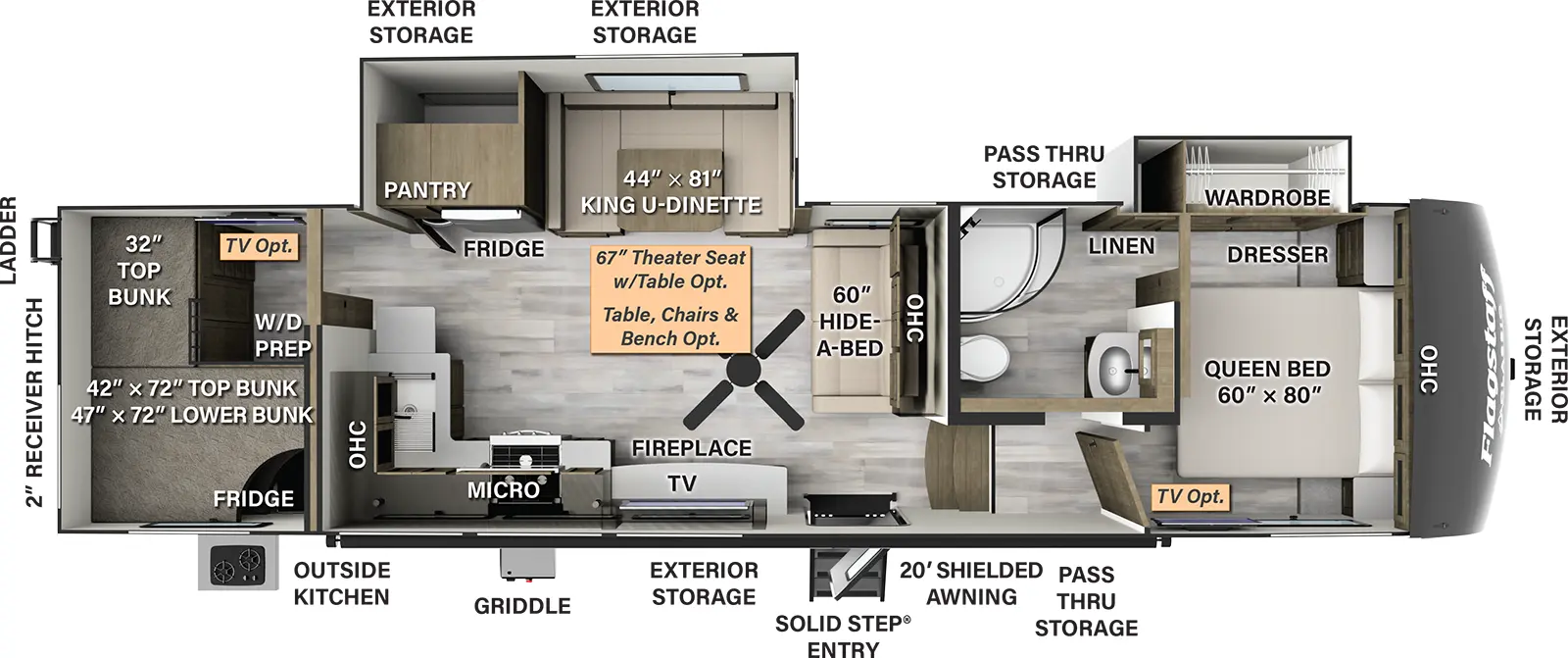 The 374BH has two slide outs and one entry. Exterior features include a 20 foot shielded awning, solid step entry, outside kitchen with refrigerator, griddle, exterior storage, pass-thru storage, rear ladder, and 2 inch receiver hitch. Interior layout front to back: foot-facing queen bed with overhead cabinet, dresser, and off-door side slide out with wardrobe and linen closet (optional TV); side aisle full pass through bathroom; steps down to main living area; hide-a-bed sofa with overhead cabinet along inner wall; off-door slideout with king U dinette (theater seating with table or table, chairs & bench optional), pantry and refrigerator; door side entertainment center and fireplace, paddle fan, microwave, cooktop, kitchen counter wraps to inner wall with sink and overhead cabinets; rear bunkhouse with three bunks and washer/dryer prep (TV optional).